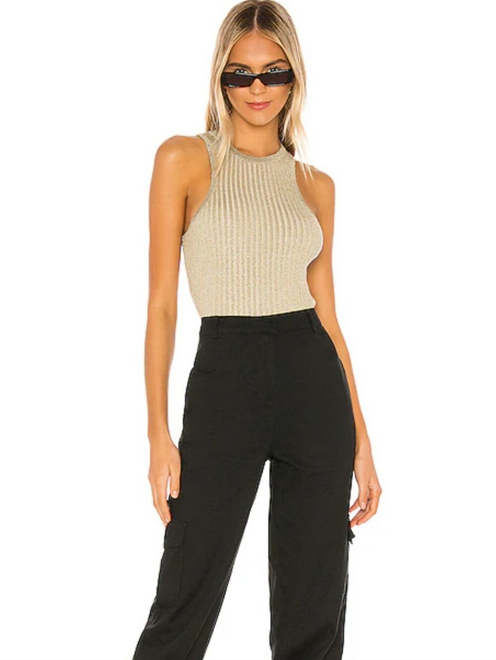 superdown Sonya Metallic Gold Ribbed High-Neck Sweater Tank SZ M